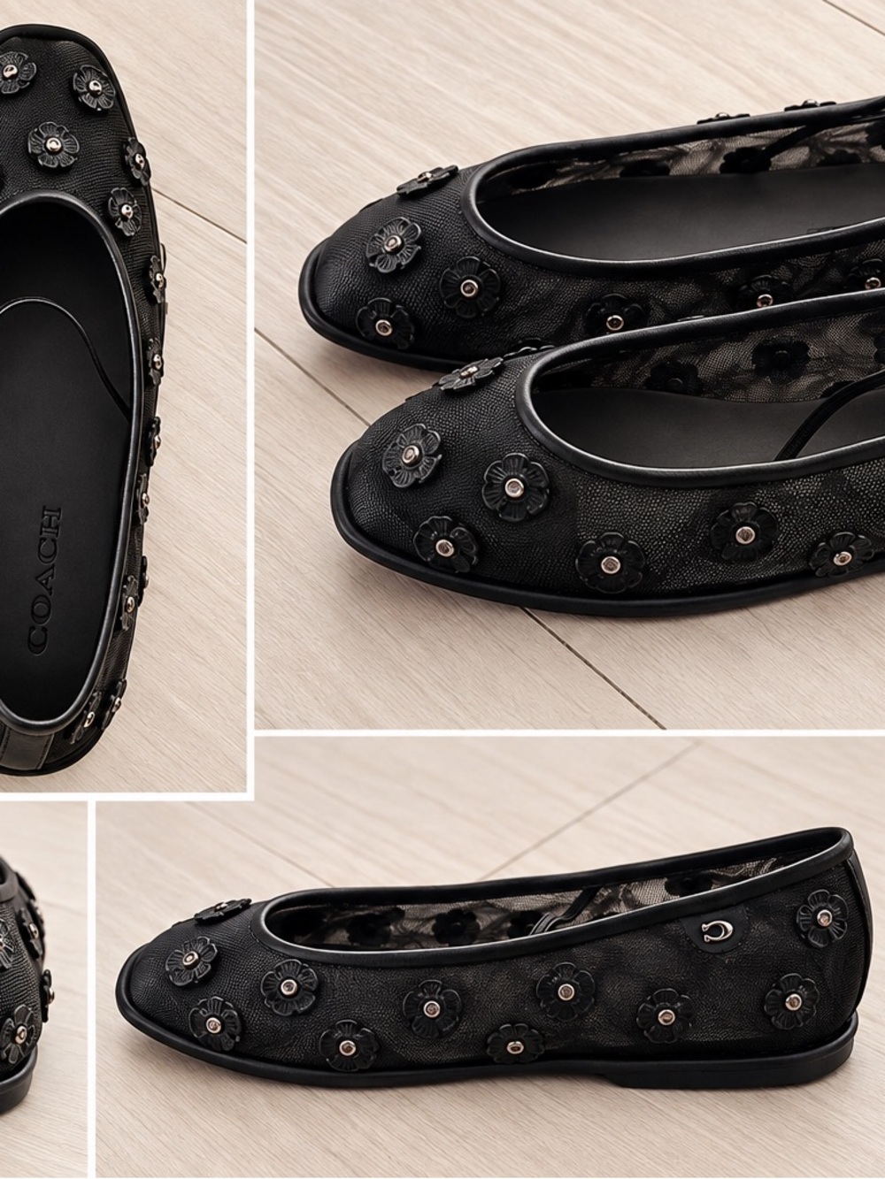 Coach Black Floral Appliqué Ballet Flats